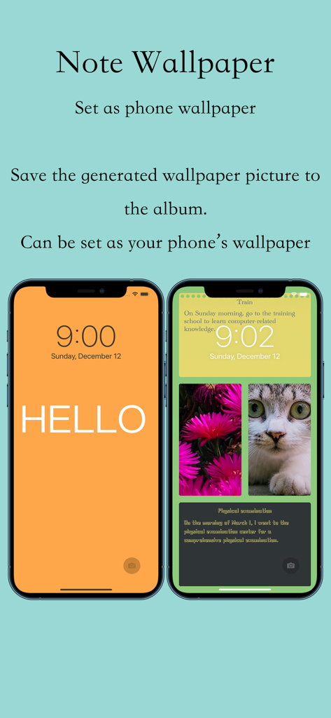 テキストメモや写真が付いたカスタムロック画面の壁紙を表示する2台のiPhone