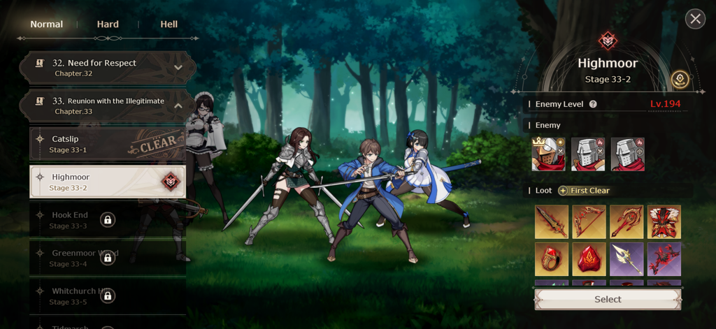 Lost Sword - A stage selection screen in the Lost Sword mobile game featuring anime characters in a forest setting with a list of chapters and loot rewards.