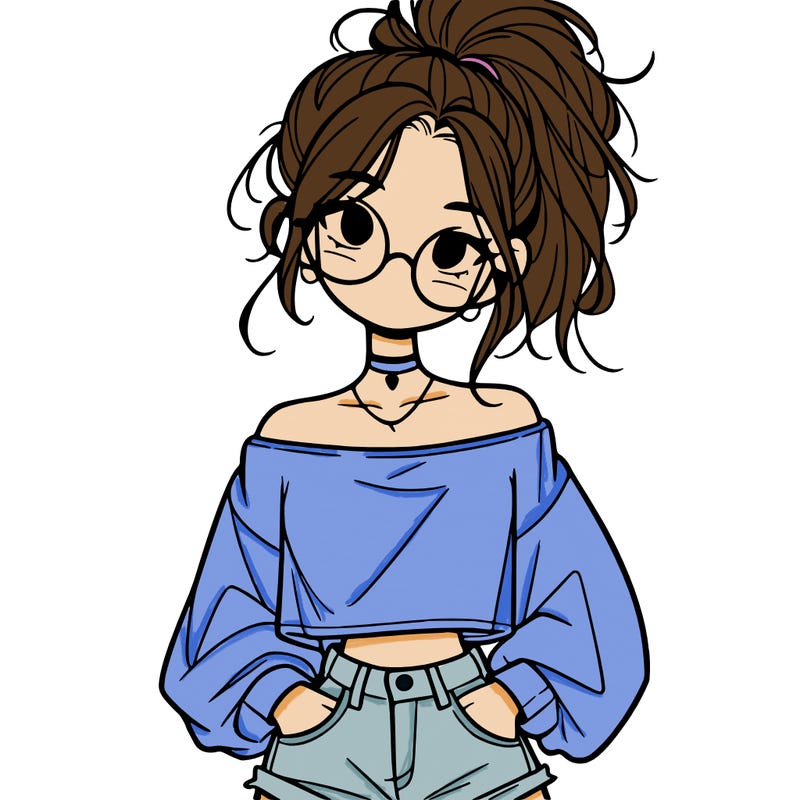 girl with a messy ponytail glasses a baggy crop top and jean shorts