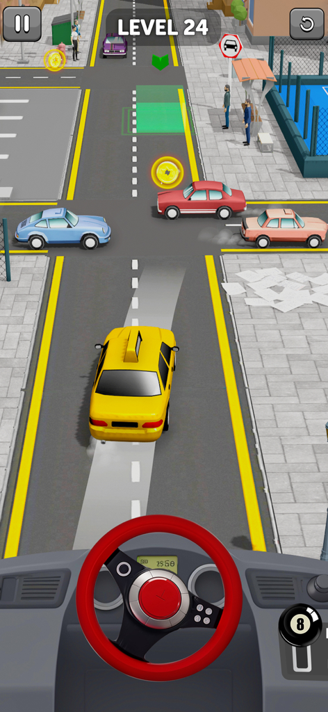 Une voiture jaune traversant le trafic urbain dans la simulation Vehicle Master 3D.