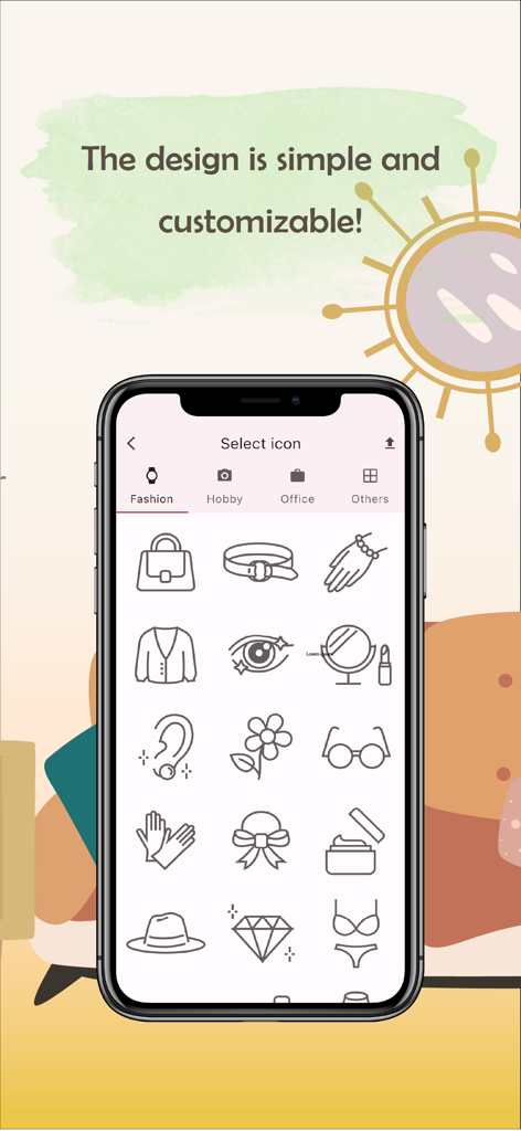 monoca 2 - Collection Manager - A smartphone screen displaying the icon selection interface of the monoca 2 app with various fashion icons like bags jewelry and clothes