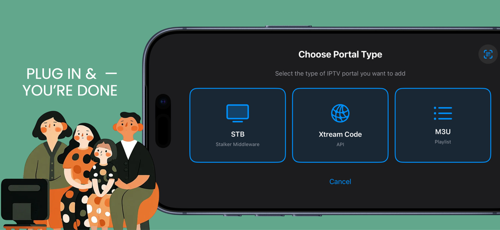 STRIMIX - STRIMIX app interface showing portal type selection for STB Xtream Code and M3U playlists