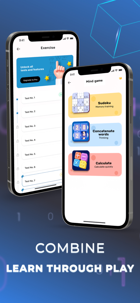 PowerMath Academy - PowerMath Academy app showing interactive mind games and math exercise lists on iPhone screens