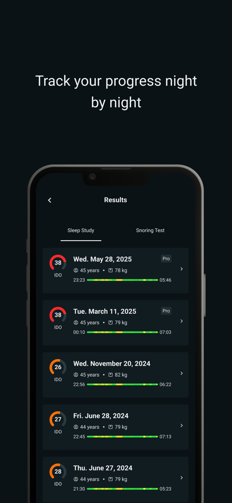 Biologix - Biologix app screen showing a chronological list of sleep study results and progress over several nights