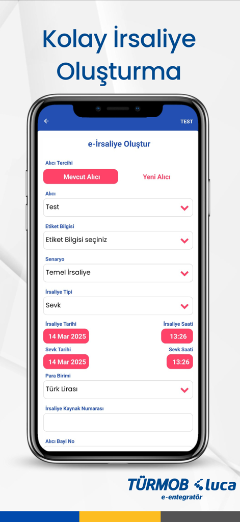 TÜRMOB Luca e-Entegratör - Luca e-Entegratör app interface for easy e-Waybill creation.