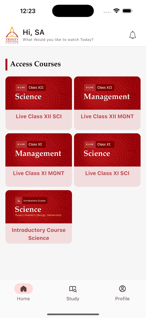 Trinity College App - Painel do curso do Trinity College App mostrando aulas ao vivo e cursos introdutórios para alunos de Ciências e Gestão.