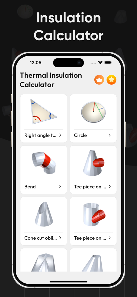 Thermal Insulation Calculator - Interfaccia dell'app Calcolatore Isolamento Termico che mostra opzioni di calcolo per varie forme geometriche come curve e coni