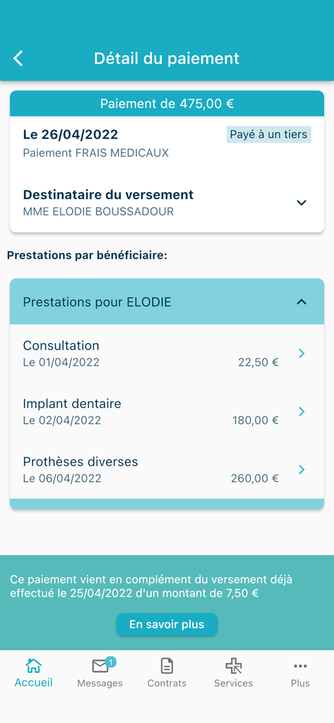 Capture d'écran détaillée de l'application PRO BTP Santé montrant le détail des remboursements d'assurance maladie pour les services dentaires et médicaux.