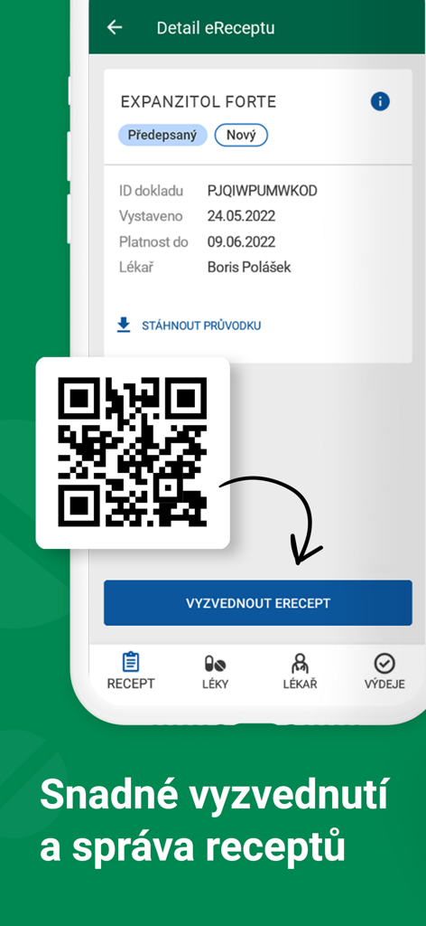 eRecept - Pantalla de aplicación móvil mostrando detalles de una receta digital con un código QR para recoger en farmacia