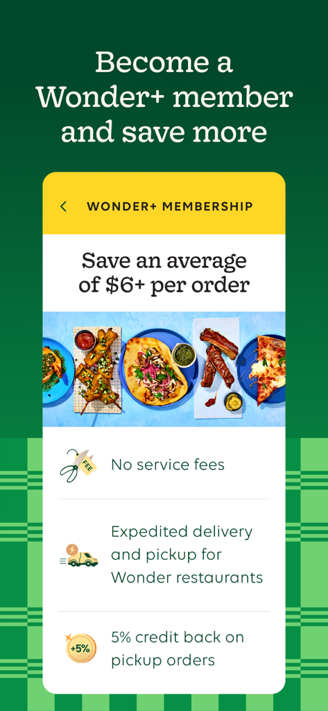 Wonder: Food Delivery - Schermata dei vantaggi dell'abbonamento Wonder Plus che mostra risparmi sulle spese di servizio e consegna rapida