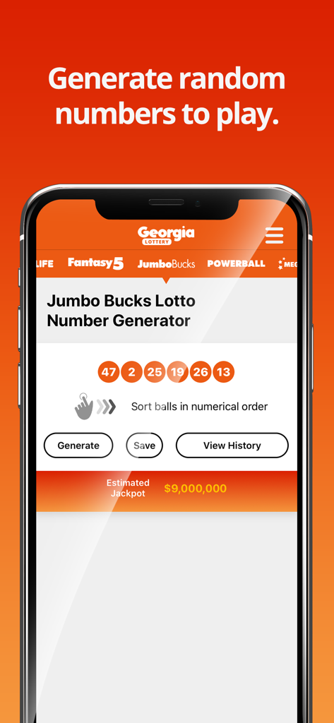 Pantalla del generador de números aleatorios de Jumbo Bucks Lotto en la aplicación Georgia Lottery Results que muestra números generados y el bote estimado