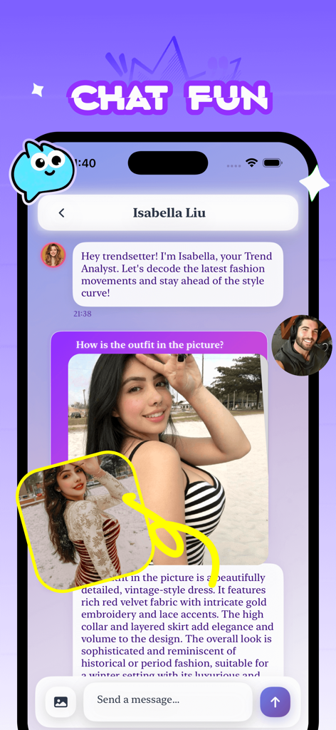 Aoya - Vibe & Style - A screen showing the Aoya app chat interface where an AI trend analyst provides detailed feedback on a user's outfit photo.