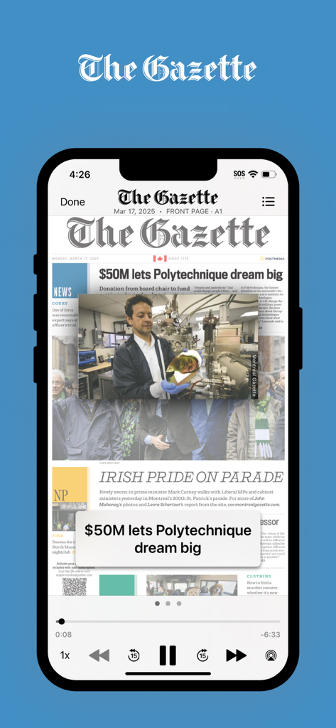 Montreal Gazette ePaper - Smartphone displaying the digital replica of The Montreal Gazette newspaper.