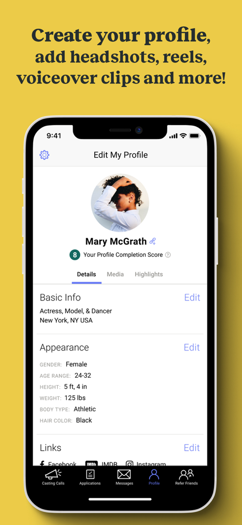 Mobile screen of the Backstage app displaying a professional talent profile for casting calls.
