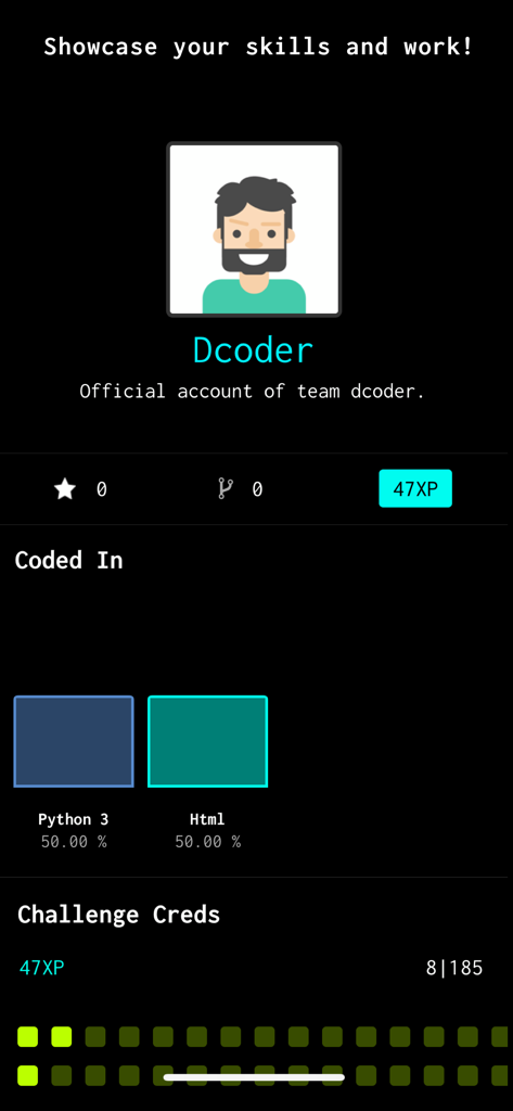 Interfaz del perfil de usuario de la aplicación Dcoder que muestra estadísticas de codificación, puntos de experiencia y competencia en lenguajes como Python y HTML