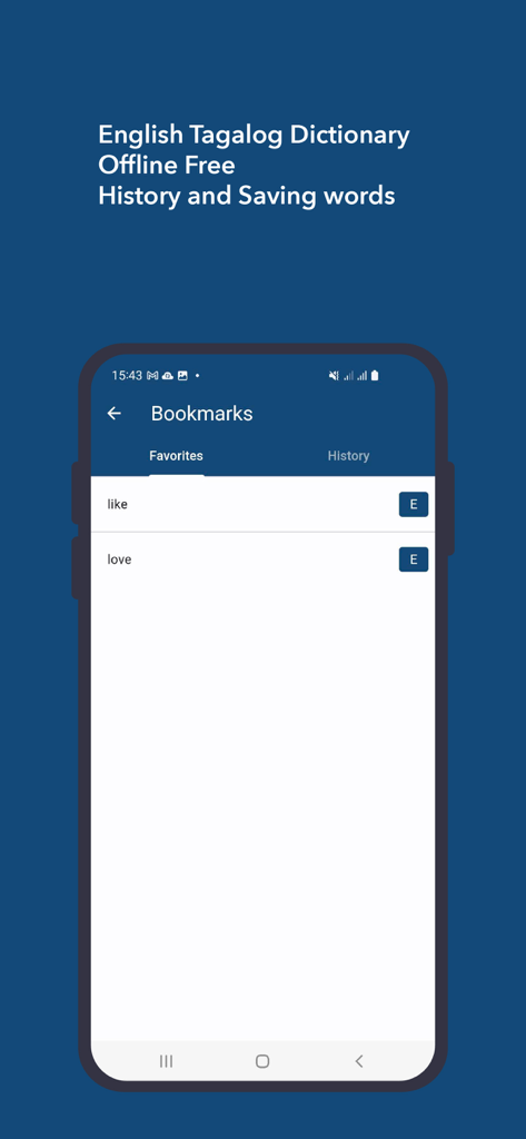 English Tagalog Dictionary - English Tagalog Dictionary app favorites screen showing bookmarked words like and love