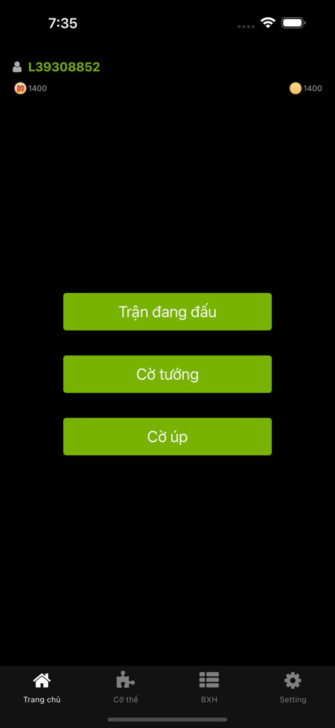 Co Up, Co Tuong Online XQChess - Main menu screen of the XQChess mobile app showing game mode options for Co Tuong and Co Up