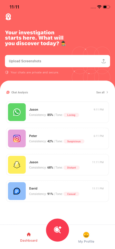 Cheater Scanner app dashboard showing AI analysis of chat screenshots with relationship insights and suspicious behavior detection for various contacts.