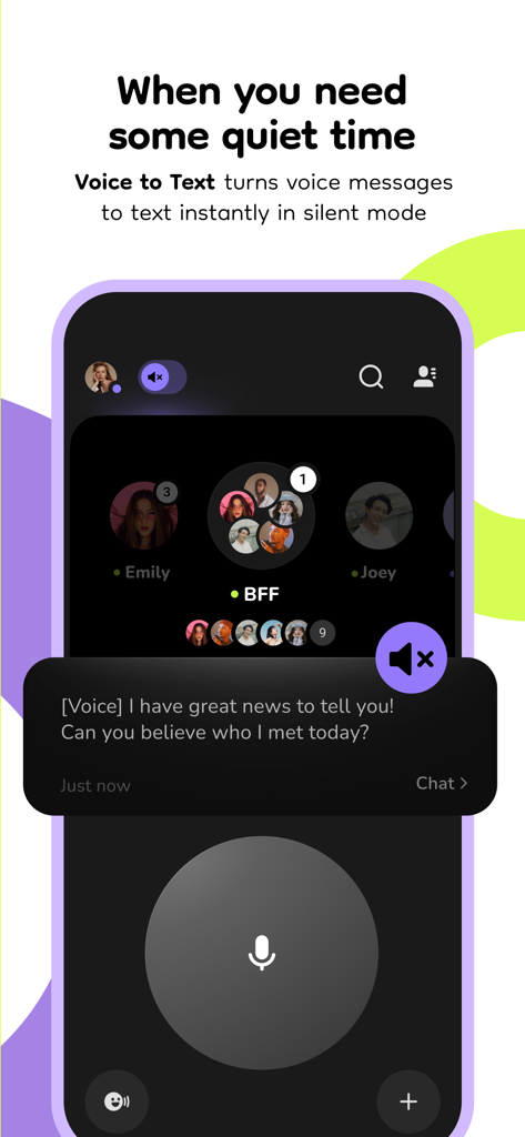 buz - voice connects - Pantalla de la aplicación Buz que muestra el mensaje de voz convertido a texto para el modo silencioso