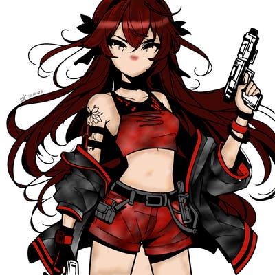 bad girl wearing crop top holding a gun long hair anime