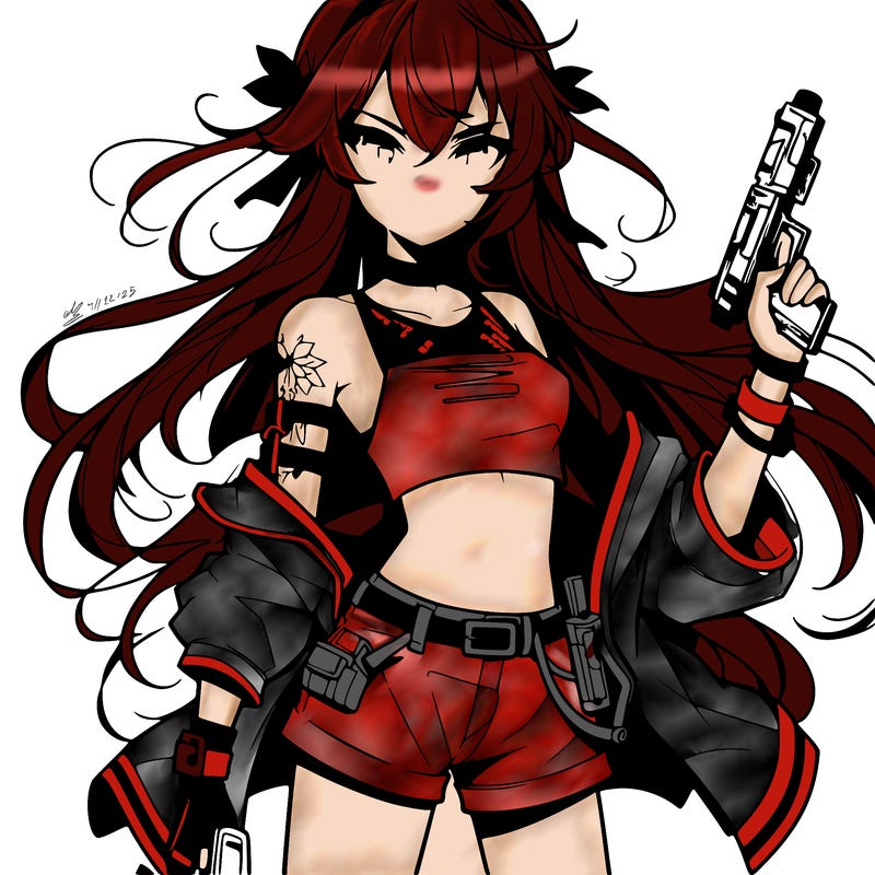 bad girl wearing crop top holding a gun long hair anime