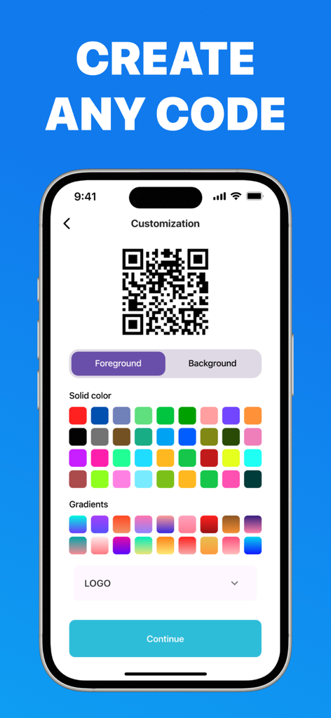 QR Code Reader & Barcode Maker - Mobile app interface for customizing QR code colors and gradients