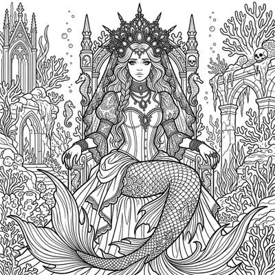 Unleash your creativity with this stunning Gothic Mermaid Queen coloring page, featuring intricate details of a royal underwater realm. Perfect for those who love dark fantasy and elegant mythical creatures.