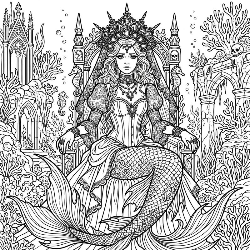 Unleash your creativity with this stunning Gothic Mermaid Queen coloring page, featuring intricate details of a royal underwater realm. Perfect for those who love dark fantasy and elegant mythical creatures.
