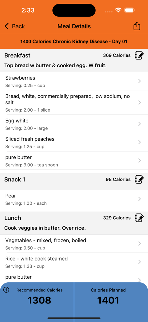 REPTS+ - Der Bildschirm „Mahlzeitendetails“ der REPTS plus App zeigt einen personalisierten Ernährungsplan und tägliche Kalorienzahlen.