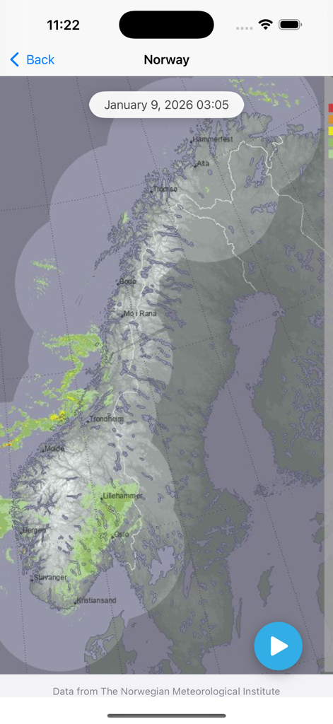 Real-time weather radar map of Norway with precipitation data