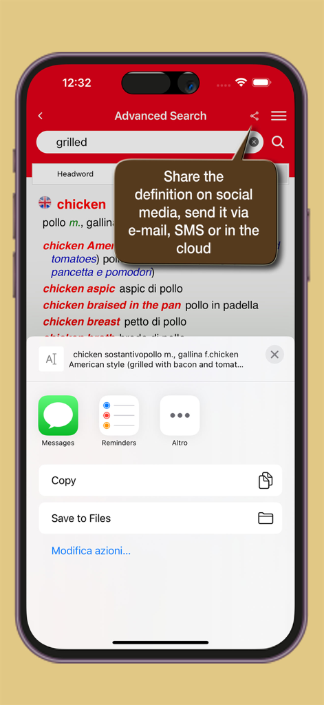 Dizionario di Gastronomia - Aplicación Dizionario di Gastronomia que muestra la función para compartir definiciones de comida