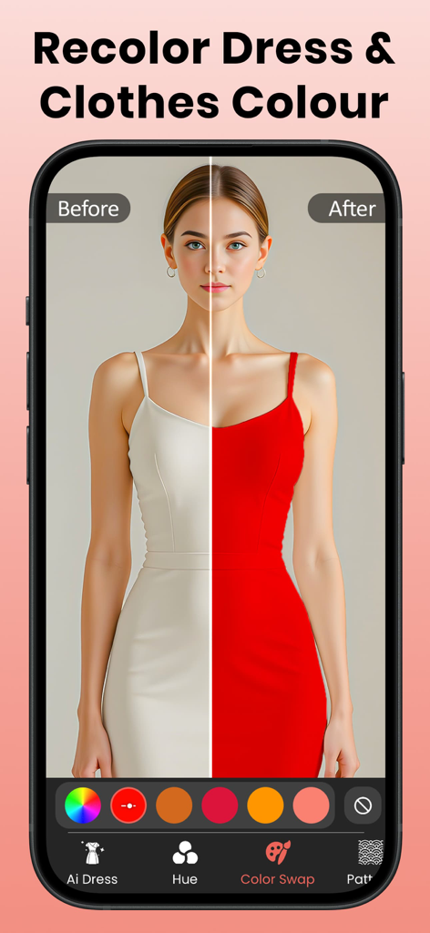 Recolor Dress & Clothes Colour - A before and after comparison of a dress color change from white to red in the Recolor Dress app.