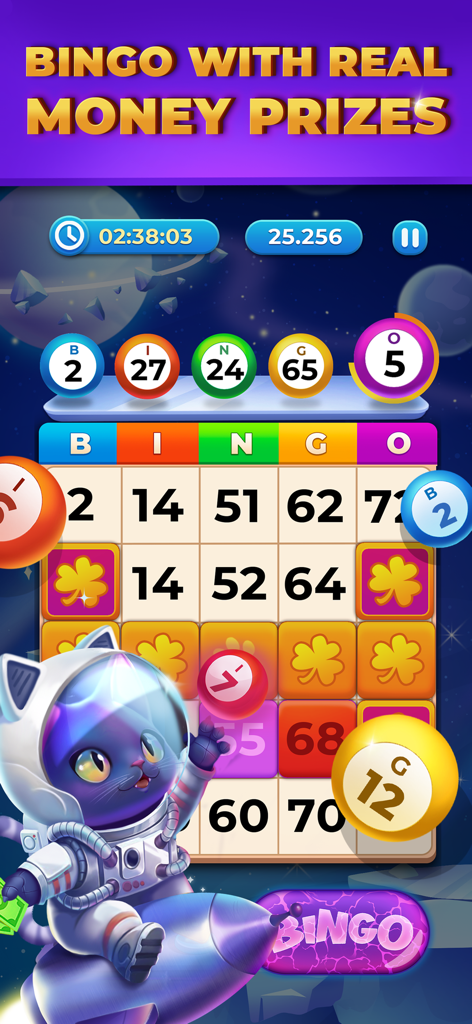 Pantalla de juego de la aplicación Bingo Money con un personaje de gato astronauta y un tablero de bingo temático espacial.