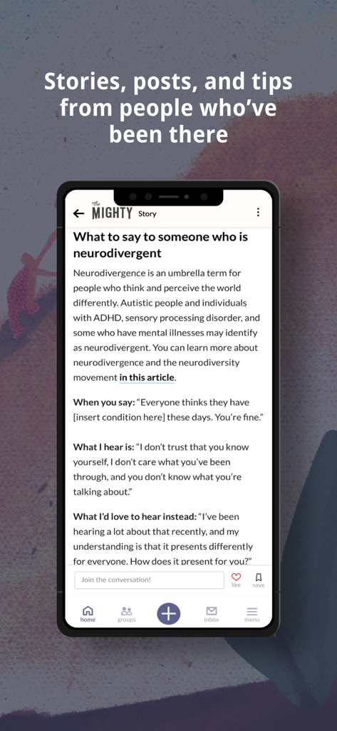 Screenshot of The Mighty app showing an article about how to talk to someone who is neurodivergent with peer support advice