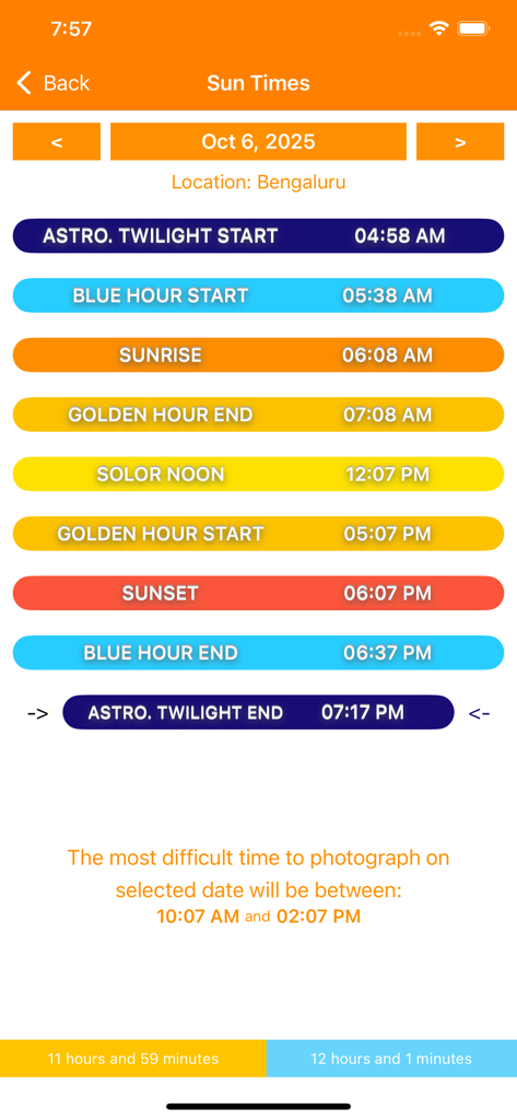 SkyCandy - Sunset Forecast App - SkyCandy app interface displaying sunrise sunset golden hour and blue hour times for photography planning