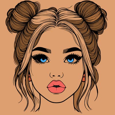 realistic girl with two buns on her hair and lips