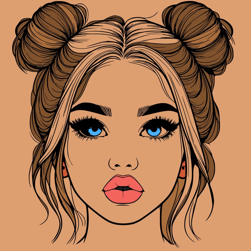 realistic girl with two buns on her hair and lips