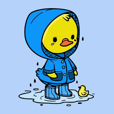 baby duck in a rain coat and boots, in a puddle while it’s raining