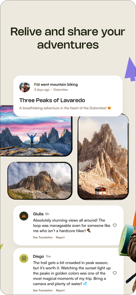 Interfaz de la aplicación Komoot que muestra un feed social de historias de mountain bike y senderismo de usuarios con fotos y comentarios.