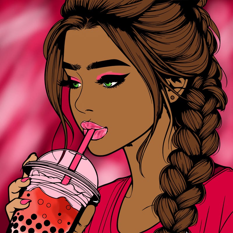 realistic girl drinking boba tea with braided hair
