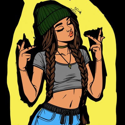 realistic teenage girl with braids and a beanie and crop top doing 🫶🏼