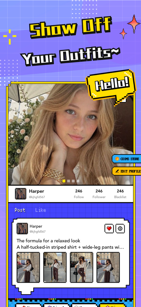 User profile on the Taogge app showcasing fashion outfits with pixel art design elements