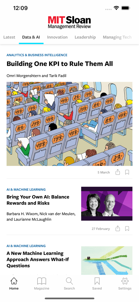 MIT Sloan Management Review app interface displaying data and AI business articles