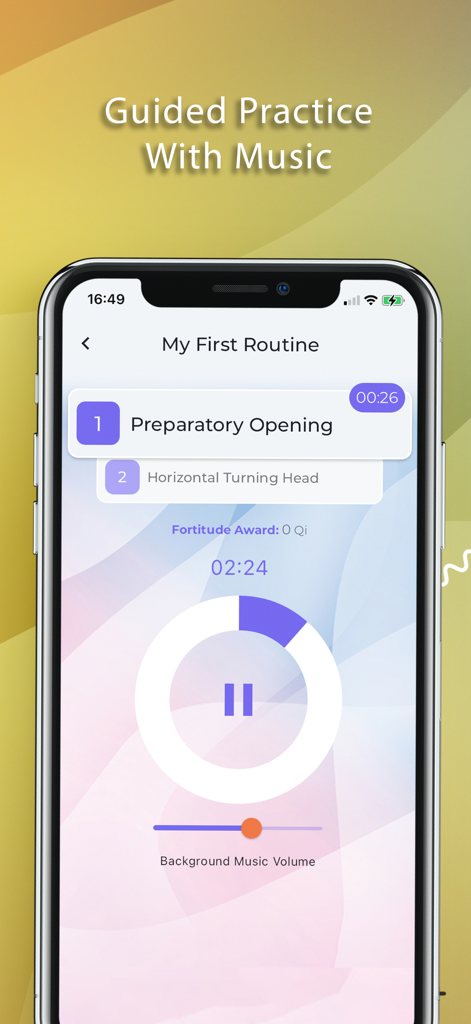 Onenergy Qigong and Meditation - Interface do aplicativo Onenergy Qigong mostrando uma rotina de prática guiada com um cronômetro e controles de música de fundo.