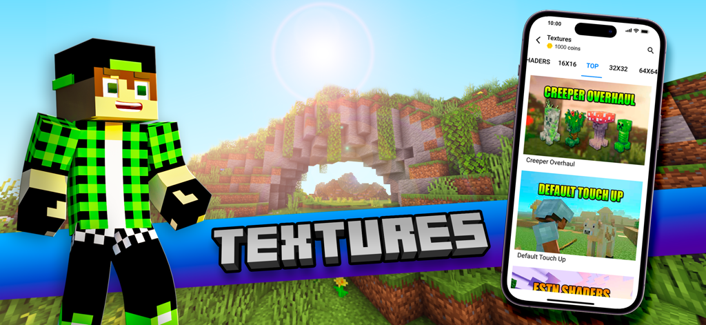 Ein Minecraft-Charakter steht neben einem Handy-Bildschirm, der verschiedene Texturpakete wie Creeper Overhaul und Default Touch Up anzeigt.