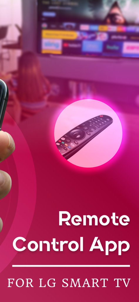 TV Remote for LG - Interfaz promocional de la aplicación LG Smart TV Remote Control con un icono de control remoto físico y un fondo de sala de estar borroso