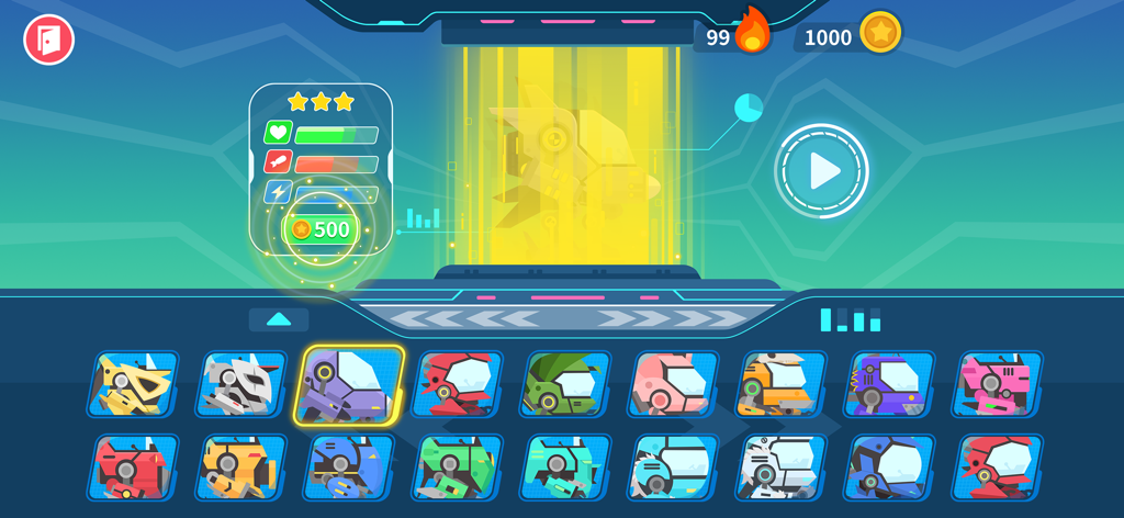 Auswahl- und Upgrade-Bildschirm für Mecha mit verschiedenen bunten Robotern und Statistiken.