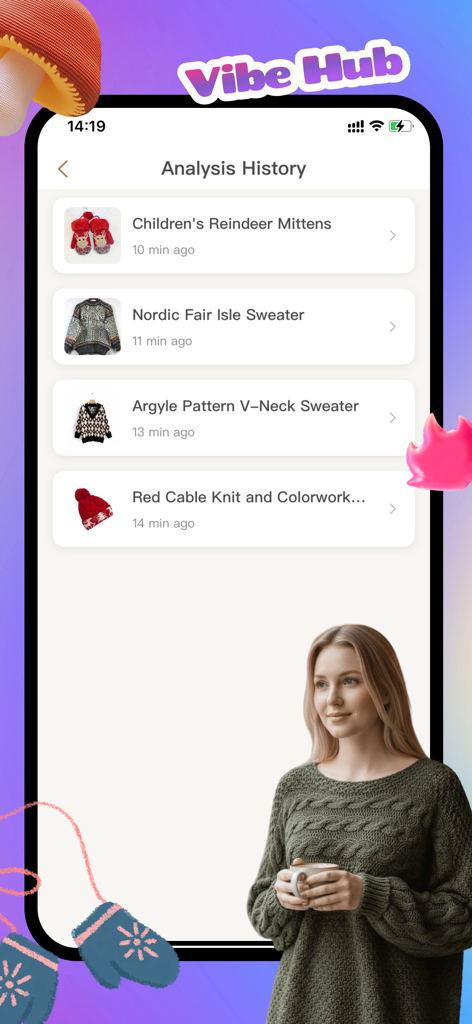 Texplix - A tela Histórico de Análise do aplicativo Texplix mostrando uma lista de padrões de tricô escaneados