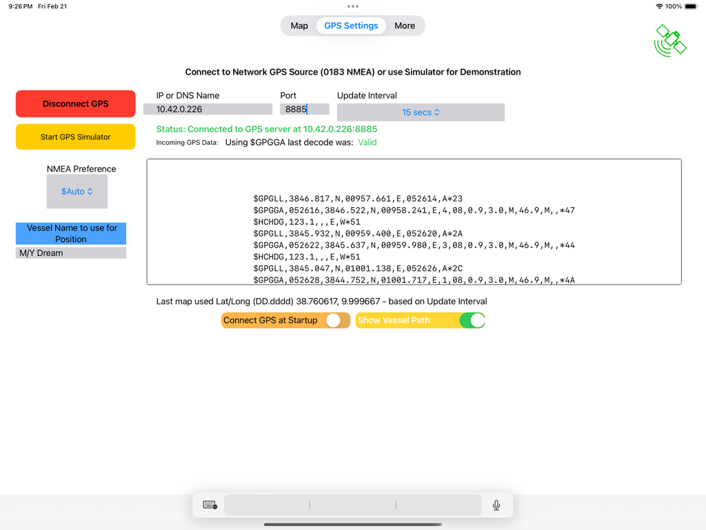 Ship Location - Interface des paramètres GPS dans l'application Localisation du Navire montrant les détails de connexion du réseau NMEA et les phrases de données brutes