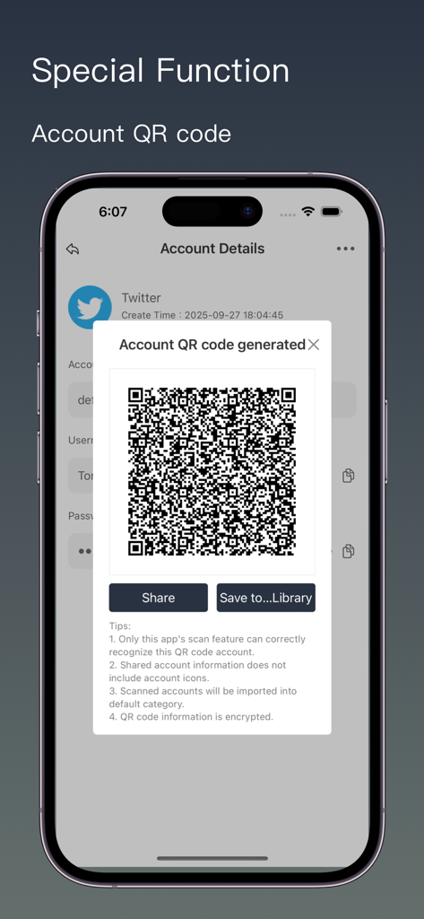 S Password Offline Account - A smartphone screen showing the encrypted QR code generation feature for secure offline account sharing.